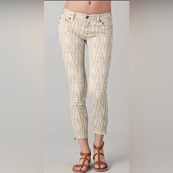 FREE PEOPLE | Ivory Ikat Cropped Skinny Jeans with Zipper Bottoms - Picture 9 of 11